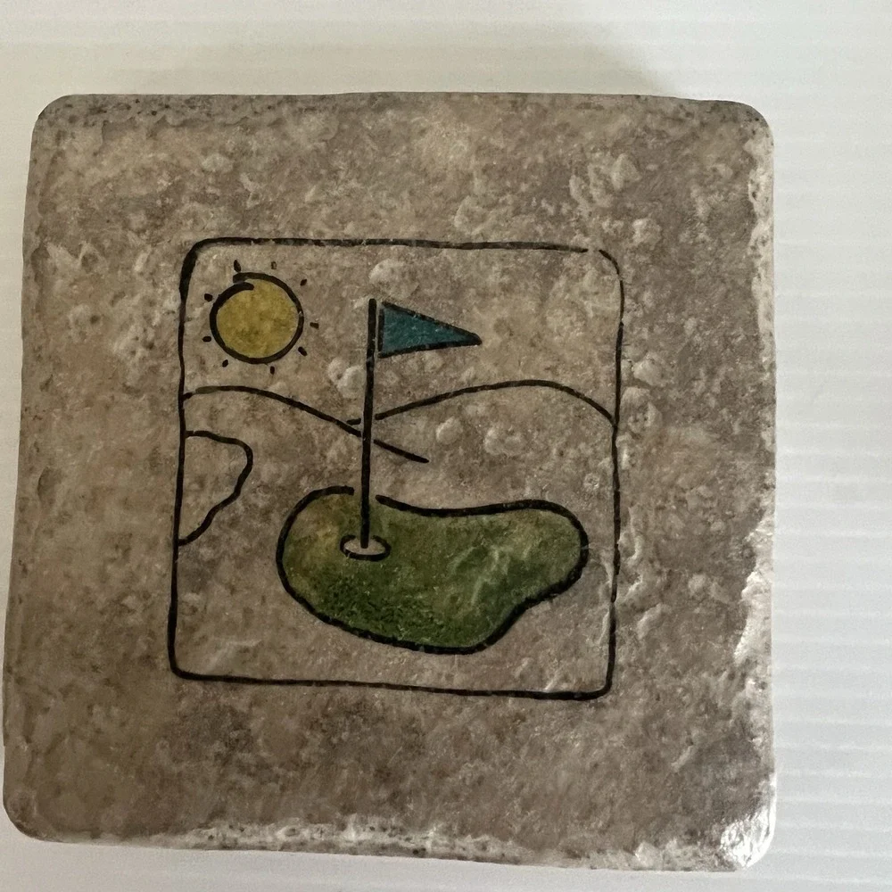 Golf Theme Stone Coaster Set of 4 Handcrafted In Colorado USA Cork Backing